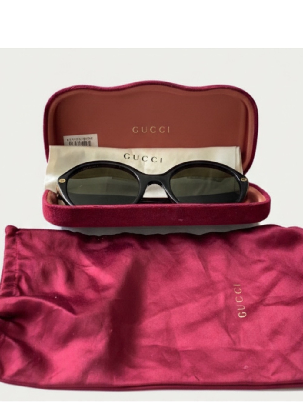 Gucci Black Oval Sunglasses with Burgundy Case and Pouch